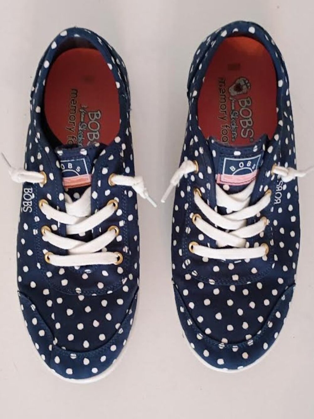 BOBS FROM SKECHERS MEMORY FOAM WOMEN'S SNEAKER NAVY WHITE POLKA DOT SIZE US 7.5